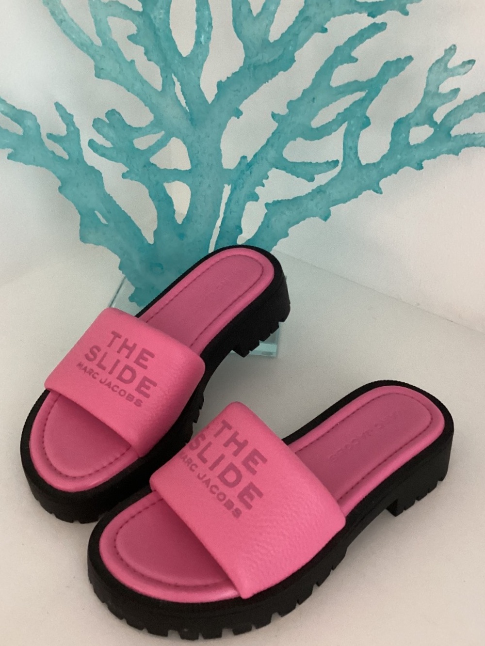 Marc Jacobs The Slide Pink Leather Lug Platform Slide Sandals Size 7